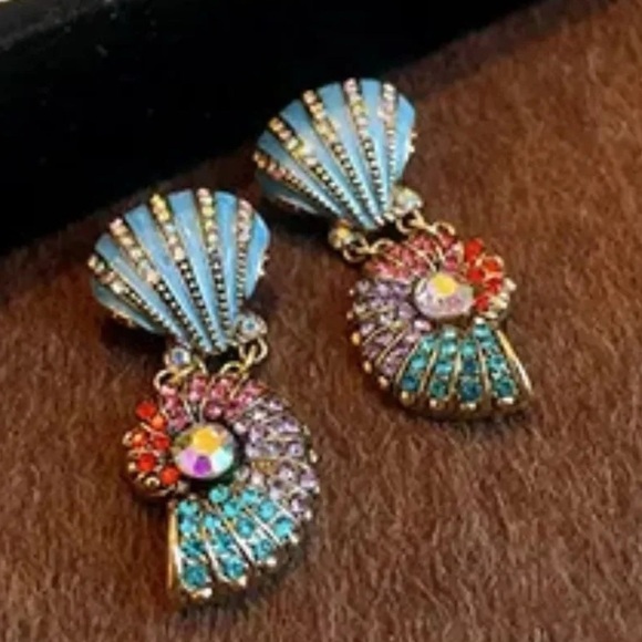 Anthropologie Seashell Blue Ocean Crystal Earrings - Picture 2 of 9